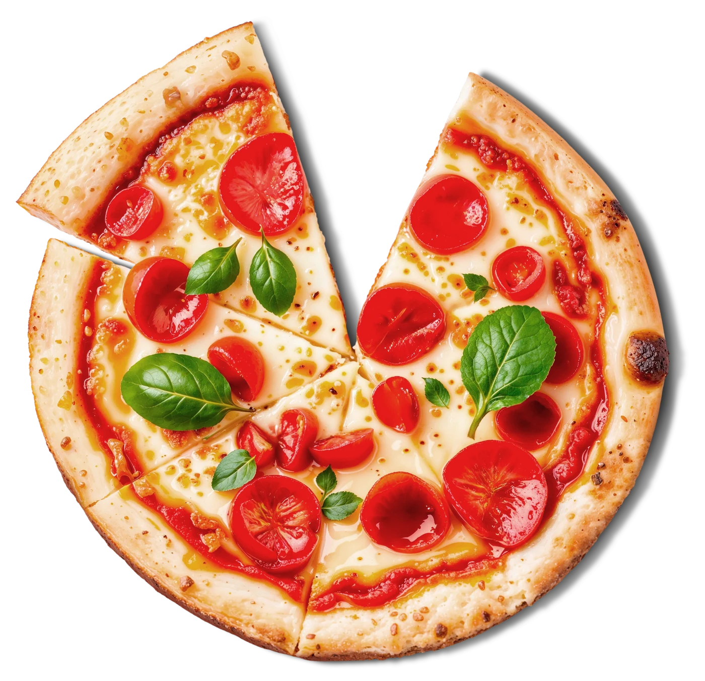 Pizza fotograferad rakt ovanifrån, som en åker sedd från luften. En bit är redan skördad.