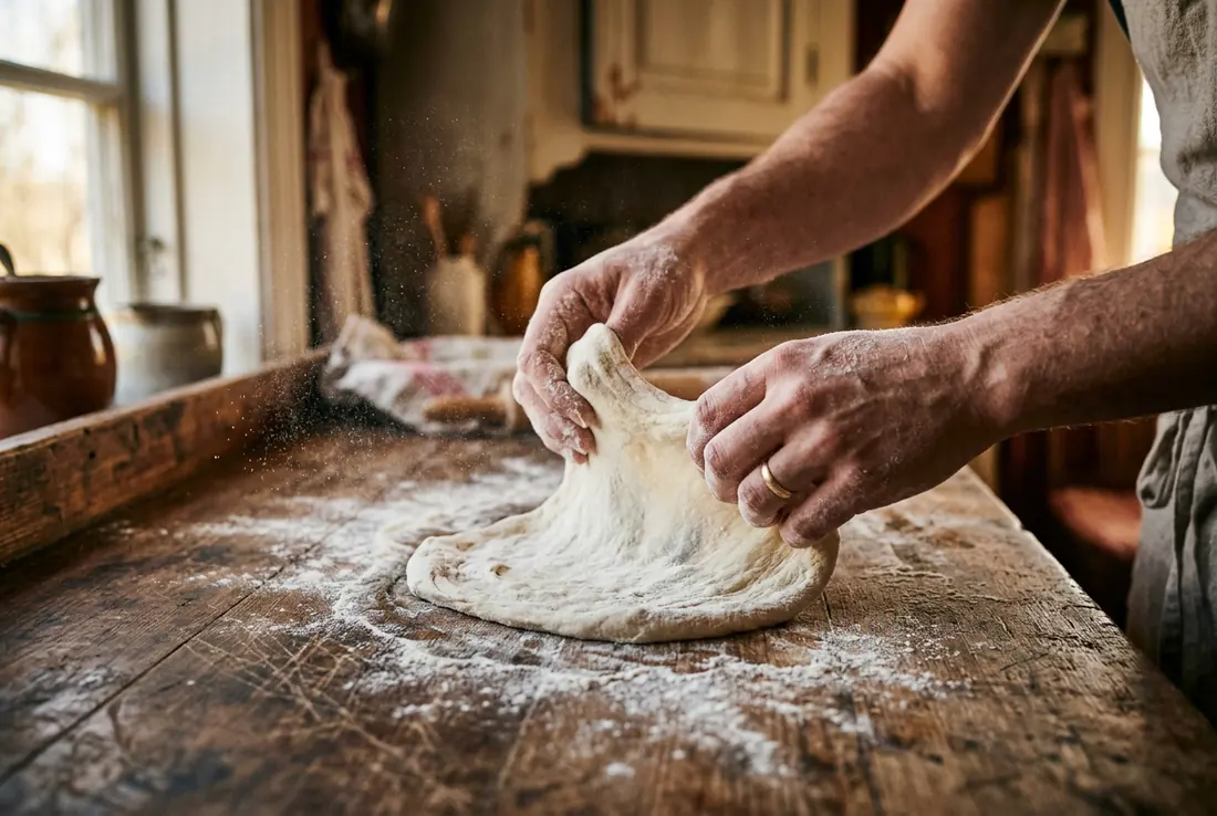Händer som drar ut pizzadeg på ett mjölat bord